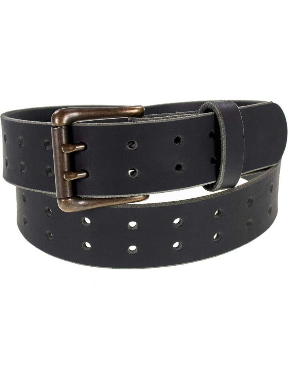 Classic Leather Belt for Men, Double Prong Retro Style, Antique Brass Buckle